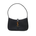 Front view of Saint Laurent Paris Le 5 à 7 Mini Hobo Handbag 710318 in black smooth leather with short handle and gold-tone YSL logo accent on the front, displayed against a white background.