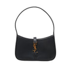 Front view of Saint Laurent Paris Le 5 à 7 Mini Hobo Handbag 710318 in black smooth leather with short handle and gold-tone YSL logo accent on the front, displayed against a white background.
