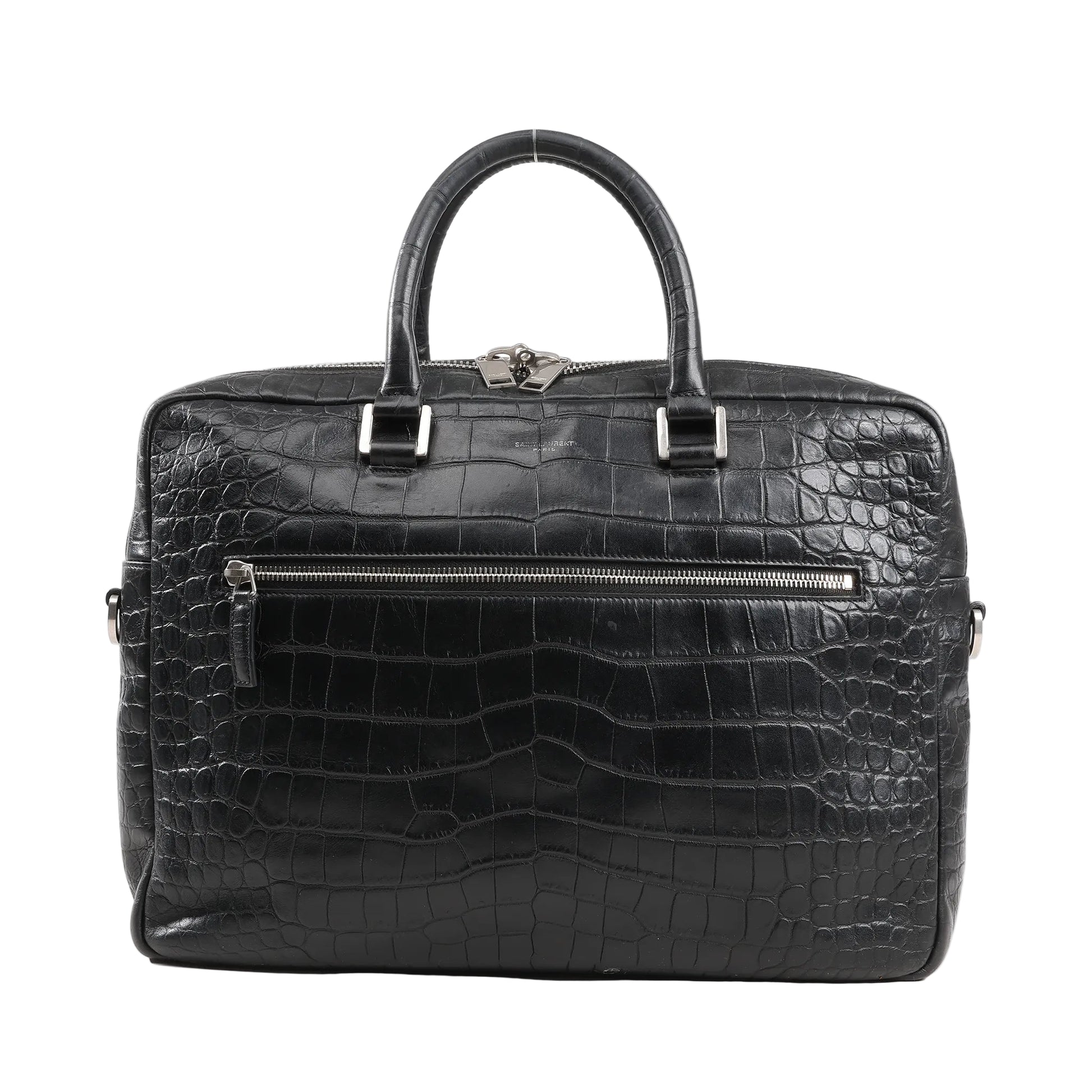 Saint Laurent Sac de Jour handbag in black mock crocodile leather with silver-tone hardware, top handles, and front zipper pocket.