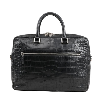 Saint Laurent Sac de Jour handbag in black mock crocodile leather with silver-tone hardware, top handles, and front zipper pocket.