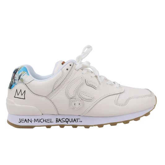 Sangacio x Jean-Michel Basquiat white leather sneakers with Basquiat’s crown logo on the heel, printed artwork on the collar, and artist’s signature on the midsole, size 42.