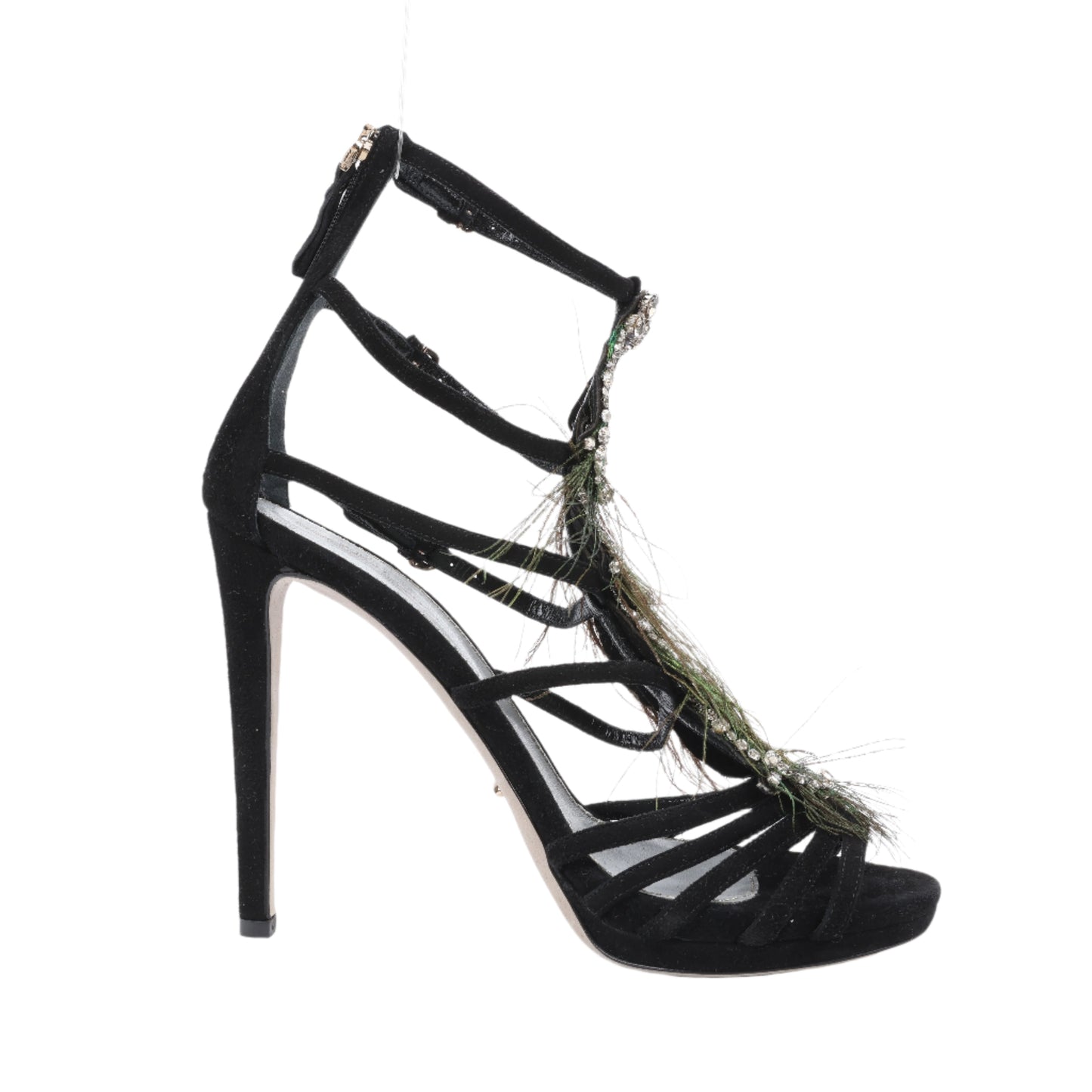 Sergio Rossi Black Suede Crystal And Peacock Embellished Platform Sandal Heels in Size 38 EU