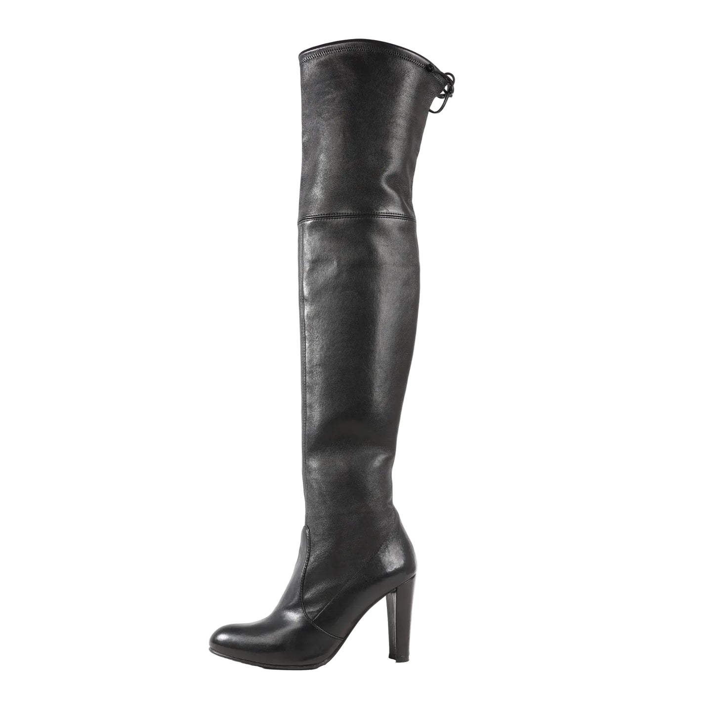Side view of a single Stuart Weitzman Vidaland over-the-knee boot in black leather, featuring a 100mm high heel, almond toe, and pull-on style with back tie detail.