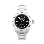 TAG Heuer Aquaracer stainless steel watch with black dial, rotating bezel with minute markers, and metal bracelet