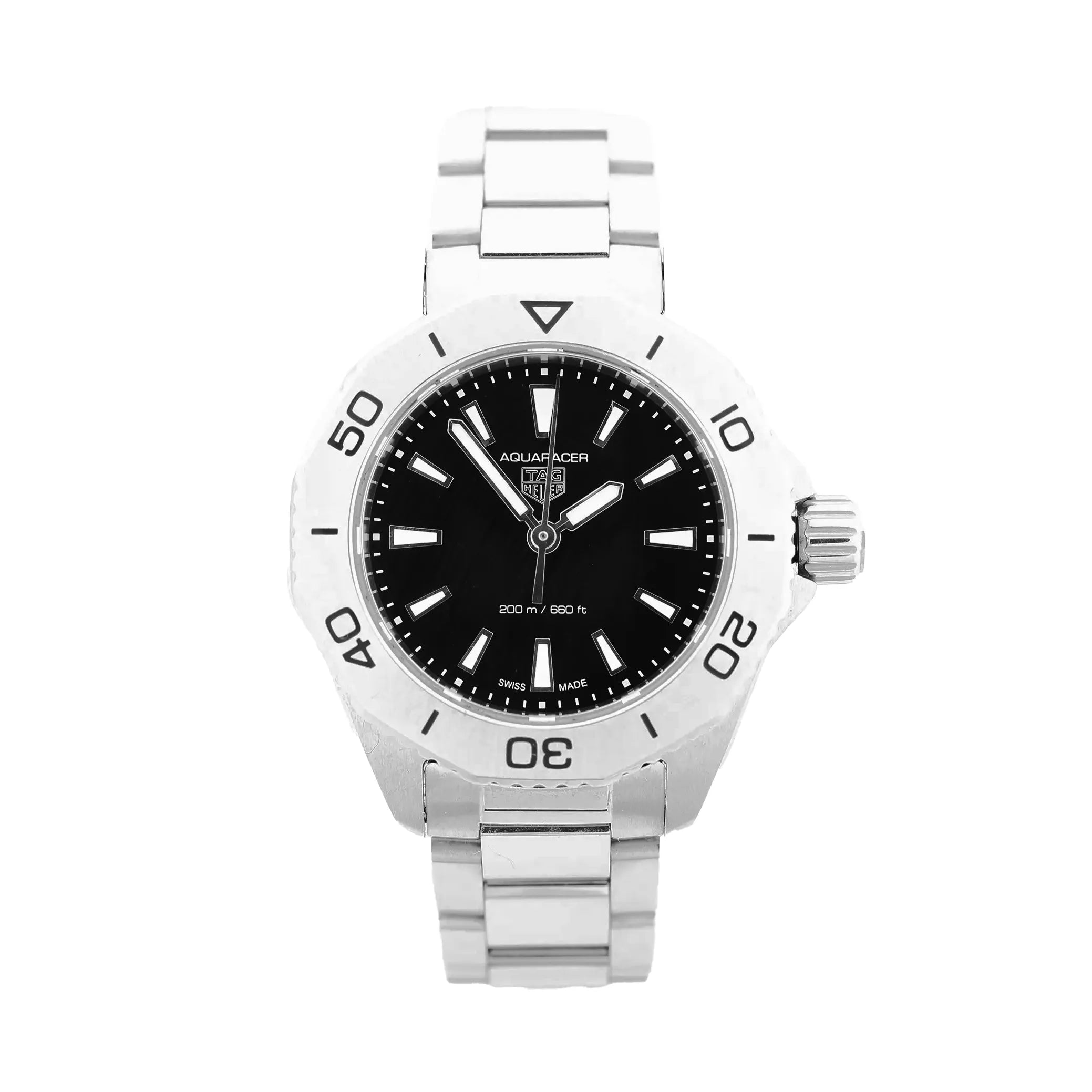 TAG Heuer Aquaracer stainless steel watch with black dial, rotating bezel with minute markers, and metal bracelet