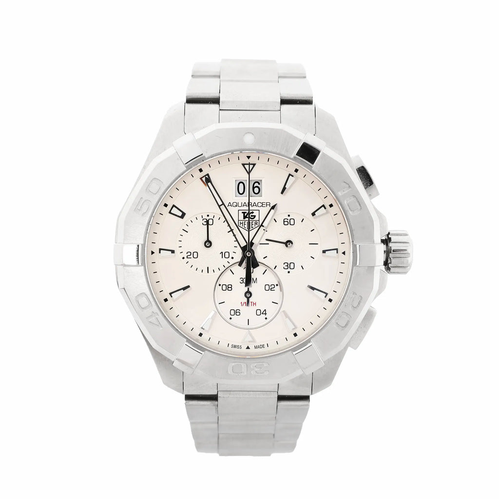 TAG Heuer Aquaracer stainless steel chronograph watch with beige dial, three subdials, oversized date window at 12, and rotating bezel
