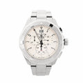 TAG Heuer Aquaracer stainless steel chronograph watch with beige dial, three subdials, oversized date window at 12, and rotating bezel