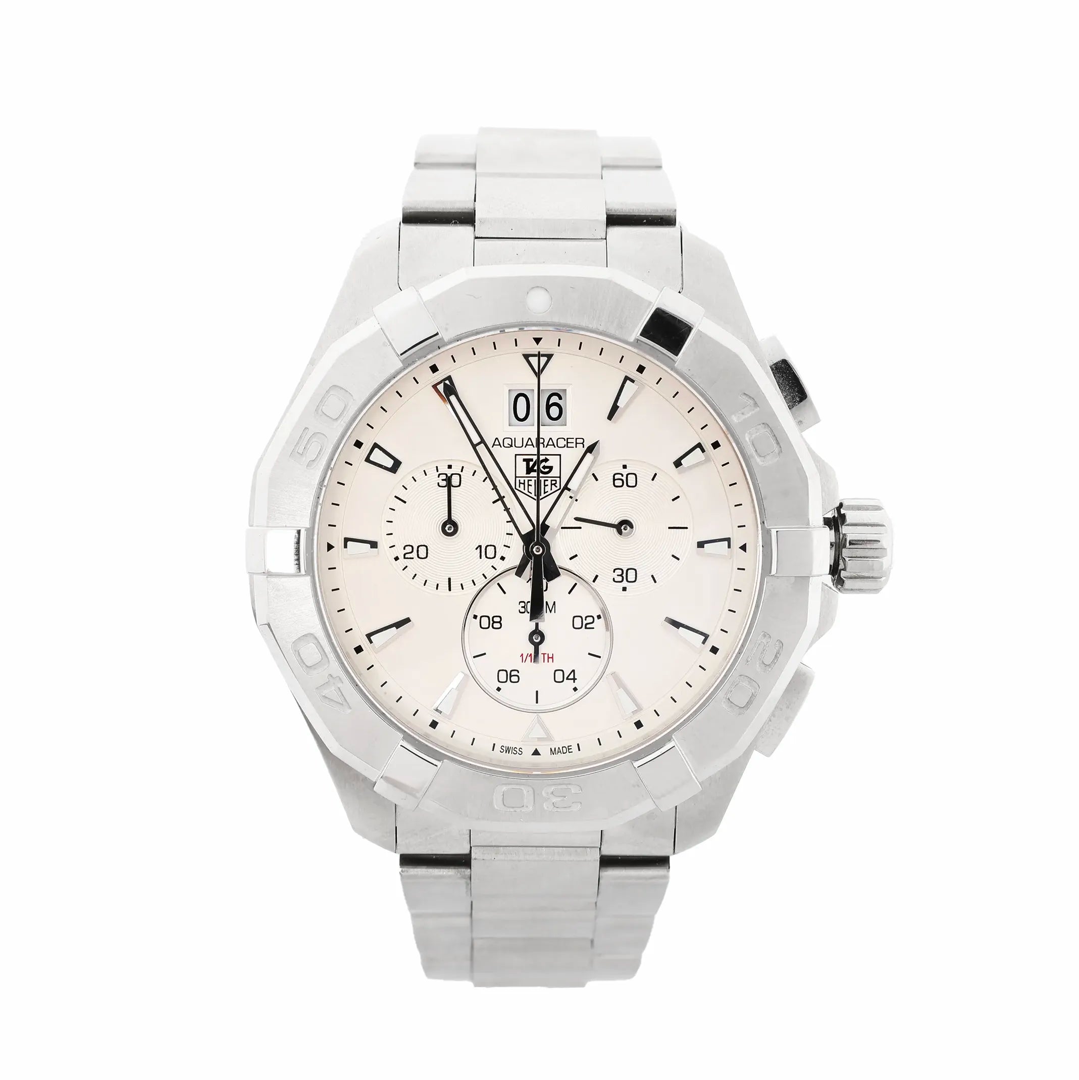 TAG Heuer Aquaracer stainless steel chronograph watch with beige dial, three subdials, oversized date window at 12, and rotating bezel