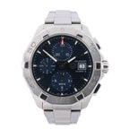 TAG Heuer Aquaracer stainless steel chronograph watch with blue dial, three subdials, date window, silver bezel and metal bracelet.