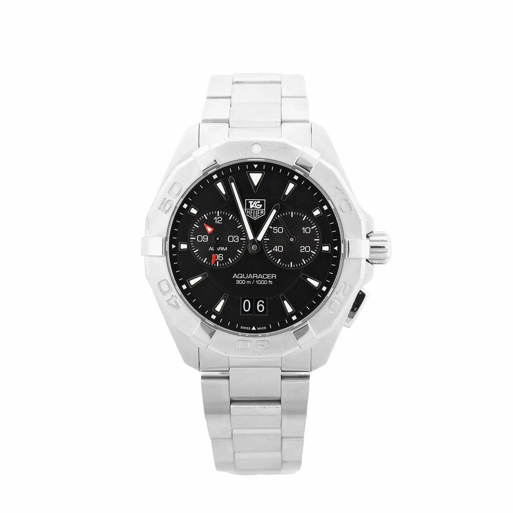 TAG Heuer Aquaracer stainless steel bracelet watch with black dial, two subdials, rotating bezel, and date window at 6 o’clock