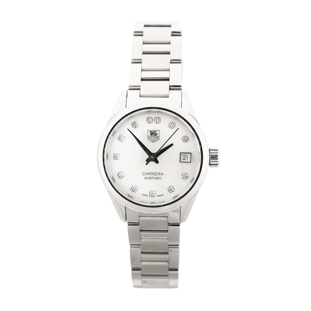 Front view of TAG Heuer Carrera 12PD WAR2414 WEG2827 automatic watch with white dial, 12 diamond hour markers, date window at 3 o'clock, and stainless steel case and bracelet.