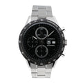 TAG Heuer Carrera CV2010 automatic chronograph watch with black dial, tachymetre bezel, three subdials, date window at 3 o’clock, and stainless steel bracelet.