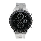 TAG Heuer Carrera CV2010 automatic chronograph watch with black dial, tachymetre bezel, three subdials, date window at 3 o’clock, and stainless steel bracelet.