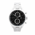 TAG Heuer Carrera stainless steel chronograph watch with black dial, silver subdials, tachymeter scale, and date window at 6 o’clock