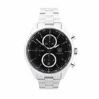 TAG Heuer Carrera stainless steel chronograph watch with black dial, silver subdials, tachymeter scale, and date window at 6 o’clock