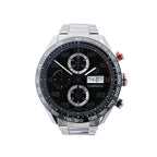 TAG Heuer Carrera CBN2A1AA.BA0643 automatic chronograph watch with black dial, tachymeter bezel, day-date display, stainless steel bracelet and silver subdials.