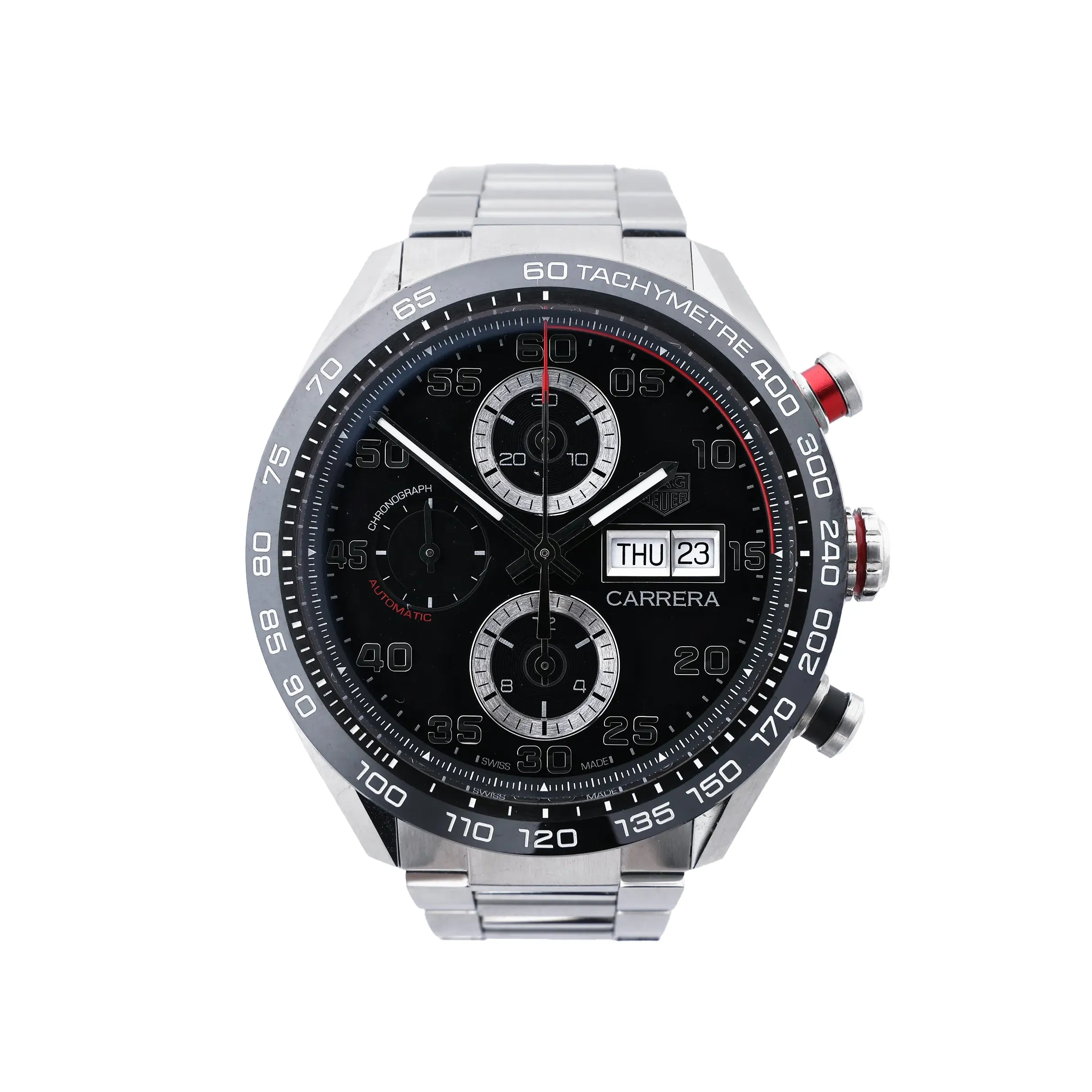 TAG Heuer Carrera CBN2A1AA.BA0643 automatic chronograph watch with black dial, tachymeter bezel, day-date display, stainless steel bracelet and silver subdials.