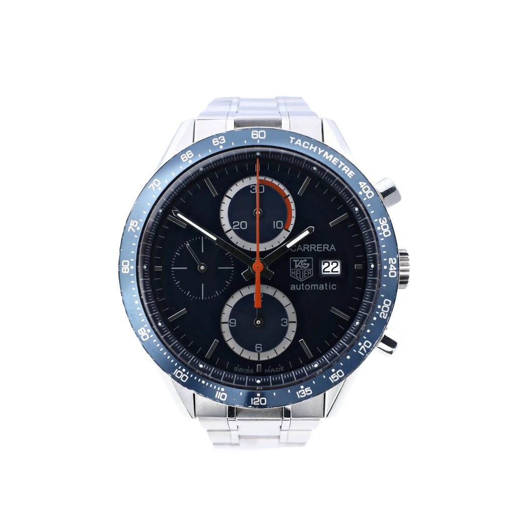 TAG Heuer Carrera CV2015.BA0786 automatic chronograph watch with blue dial, blue tachymeter bezel, date display, orange central chronograph hand and stainless steel bracelet.