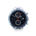 TAG Heuer Carrera CV2015.BA0786 automatic chronograph watch with blue dial, blue tachymeter bezel, date display, orange central chronograph hand and stainless steel bracelet.