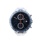 TAG Heuer Carrera CV2015.BA0786 automatic chronograph watch with blue dial, blue tachymeter bezel, date display, orange central chronograph hand and stainless steel bracelet.