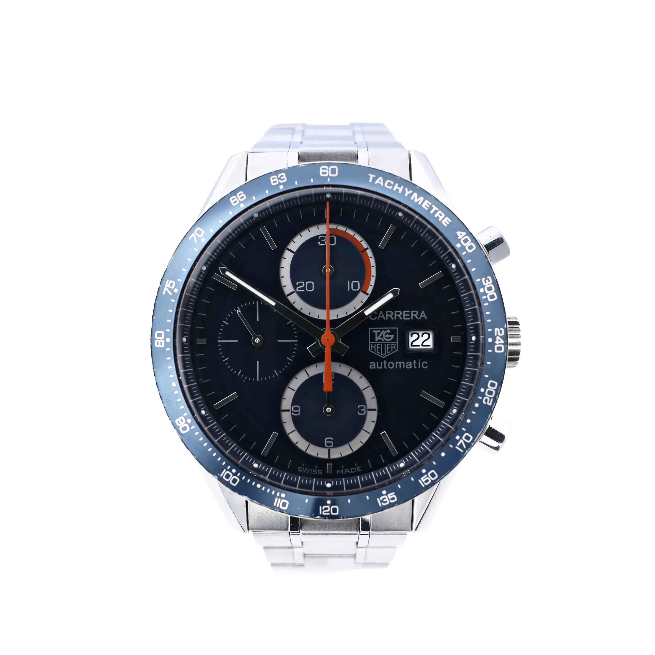 TAG Heuer Carrera CV2015.BA0786 automatic chronograph watch with blue dial, blue tachymeter bezel, date display, orange central chronograph hand and stainless steel bracelet.