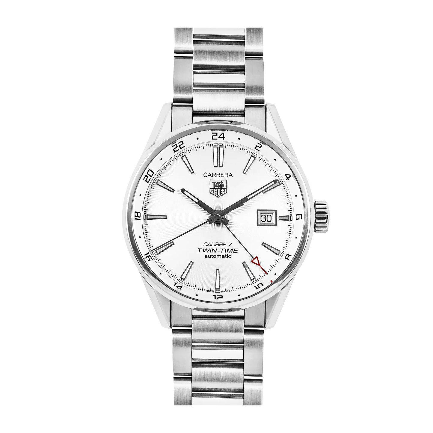 TAG Heuer Carrera Calibre 7 Twin-Time WAR2011.BA0723 watch with a silver dial, date window at 3 o'clock, dual-time red-tipped hand, and stainless steel bracelet.