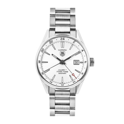 TAG Heuer Carrera Calibre 7 Twin-Time WAR2011.BA0723 watch with a silver dial, date window at 3 o'clock, dual-time red-tipped hand, and stainless steel bracelet.