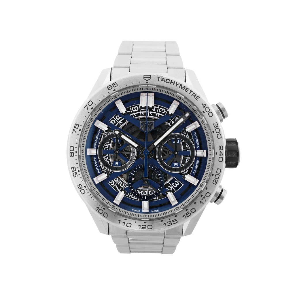 TAG Heuer Carrera Heuer 02 stainless steel chronograph watch with navy blue skeleton dial, three subdials, tachymeter bezel and metal bracelet.