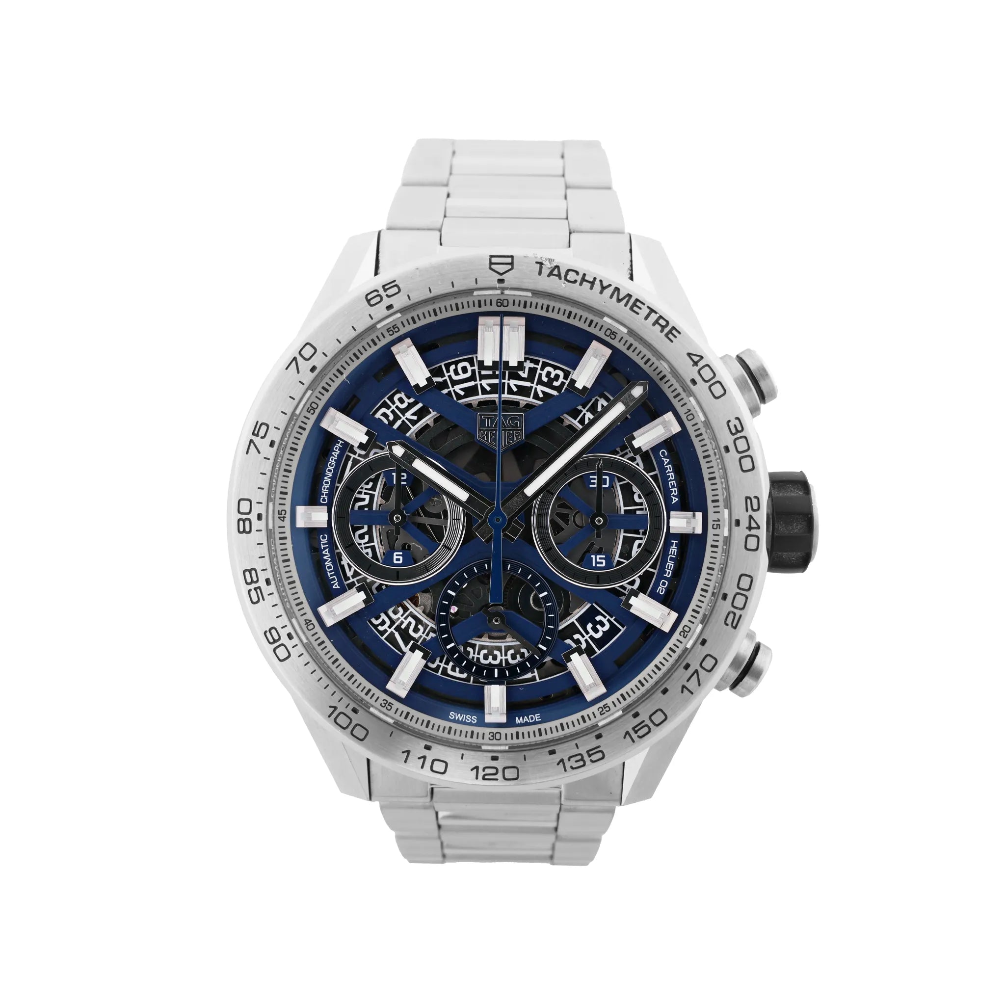 TAG Heuer Carrera Heuer 02 stainless steel chronograph watch with navy blue skeleton dial, three subdials, tachymeter bezel and metal bracelet.