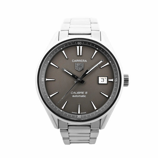 TAG Heuer Carrera WAR211C.BA0782 automatic watch with gray sunray dial, silver-tone markers, date window at 3 o’clock, and stainless steel bracelet, displayed on a white background.