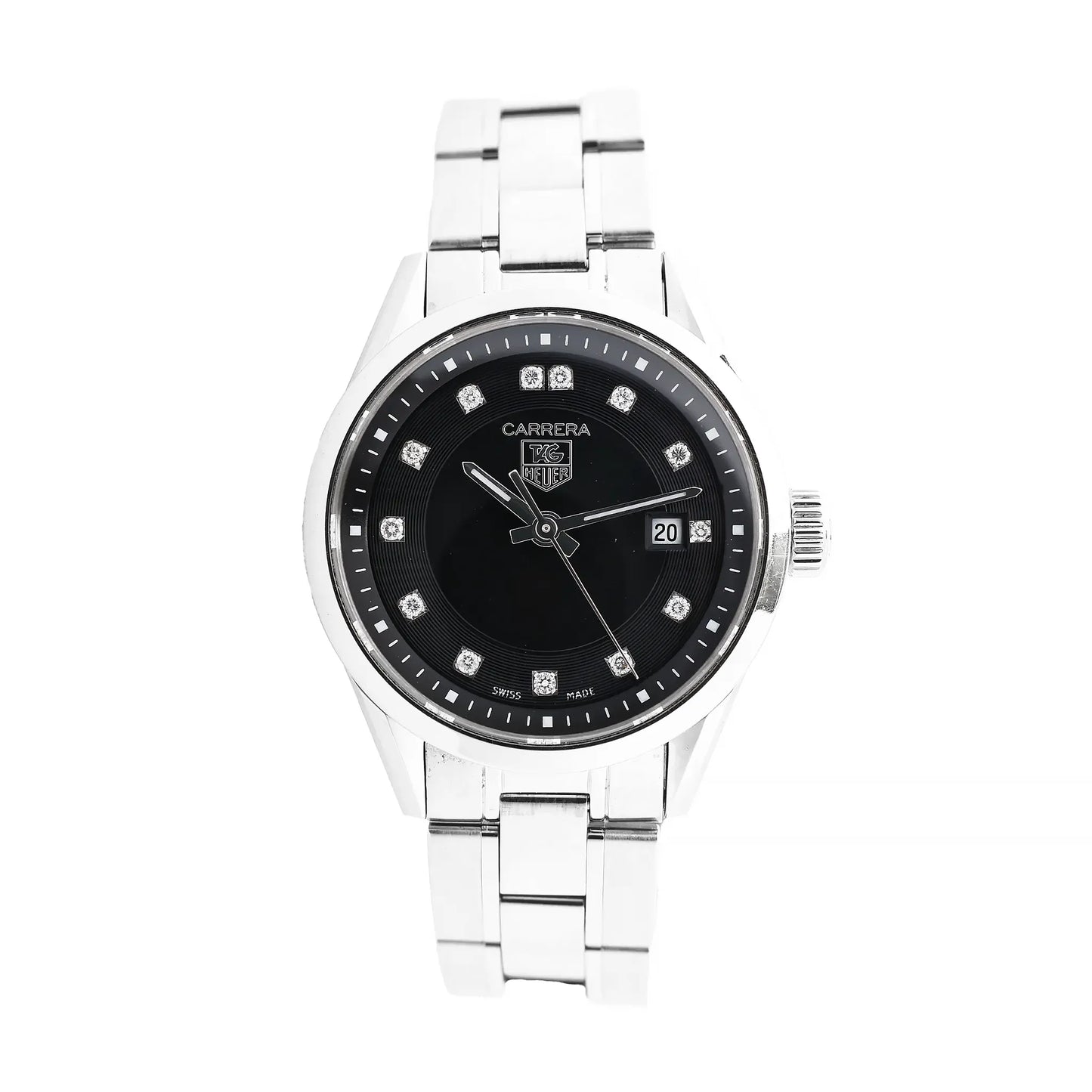 Front view of a TAG Heuer Carrera WV1410 watch with a polished stainless steel bracelet, black dial, diamond hour markers, and a date display at 3 o’clock.