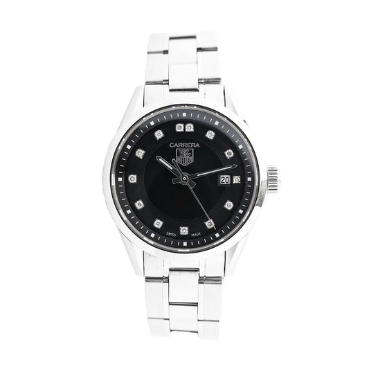 Front view of a TAG Heuer Carrera WV1410 watch with a polished stainless steel bracelet, black dial, diamond hour markers, and a date display at 3 o’clock.