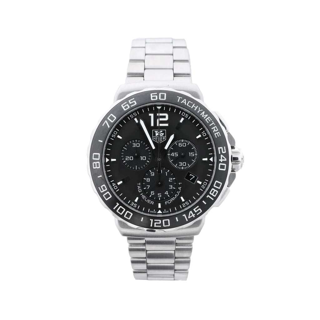 TAG Heuer Formula 1 CAU1115 quartz chronograph watch with grey dial, black tachymeter bezel, date display, three subdials and stainless steel bracelet.