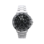 TAG Heuer Formula 1 CAU1115 quartz chronograph watch with grey dial, black tachymeter bezel, date display, three subdials and stainless steel bracelet.