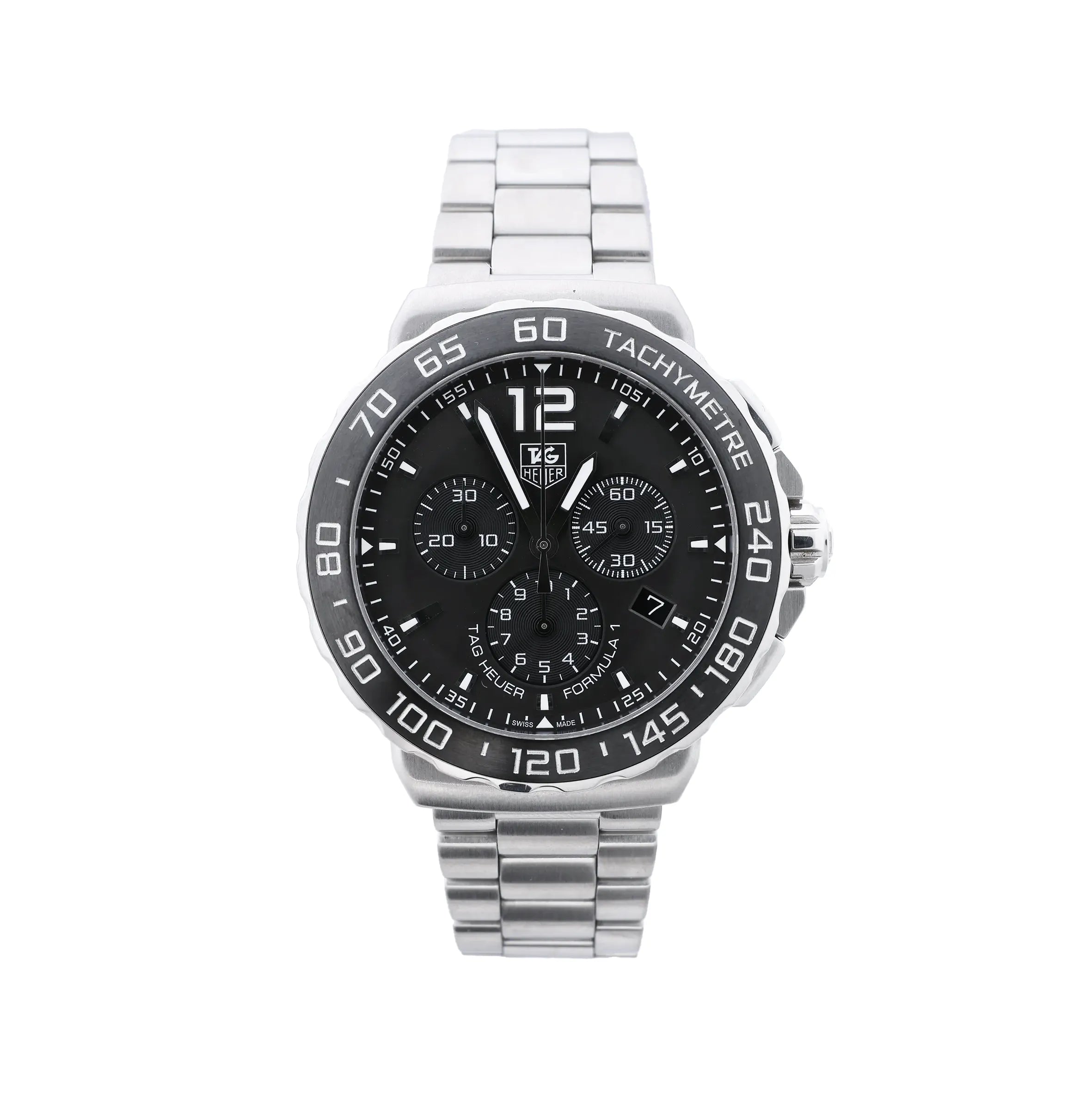 TAG Heuer Formula 1 CAU1115 quartz chronograph watch with grey dial, black tachymeter bezel, date display, three subdials and stainless steel bracelet.
