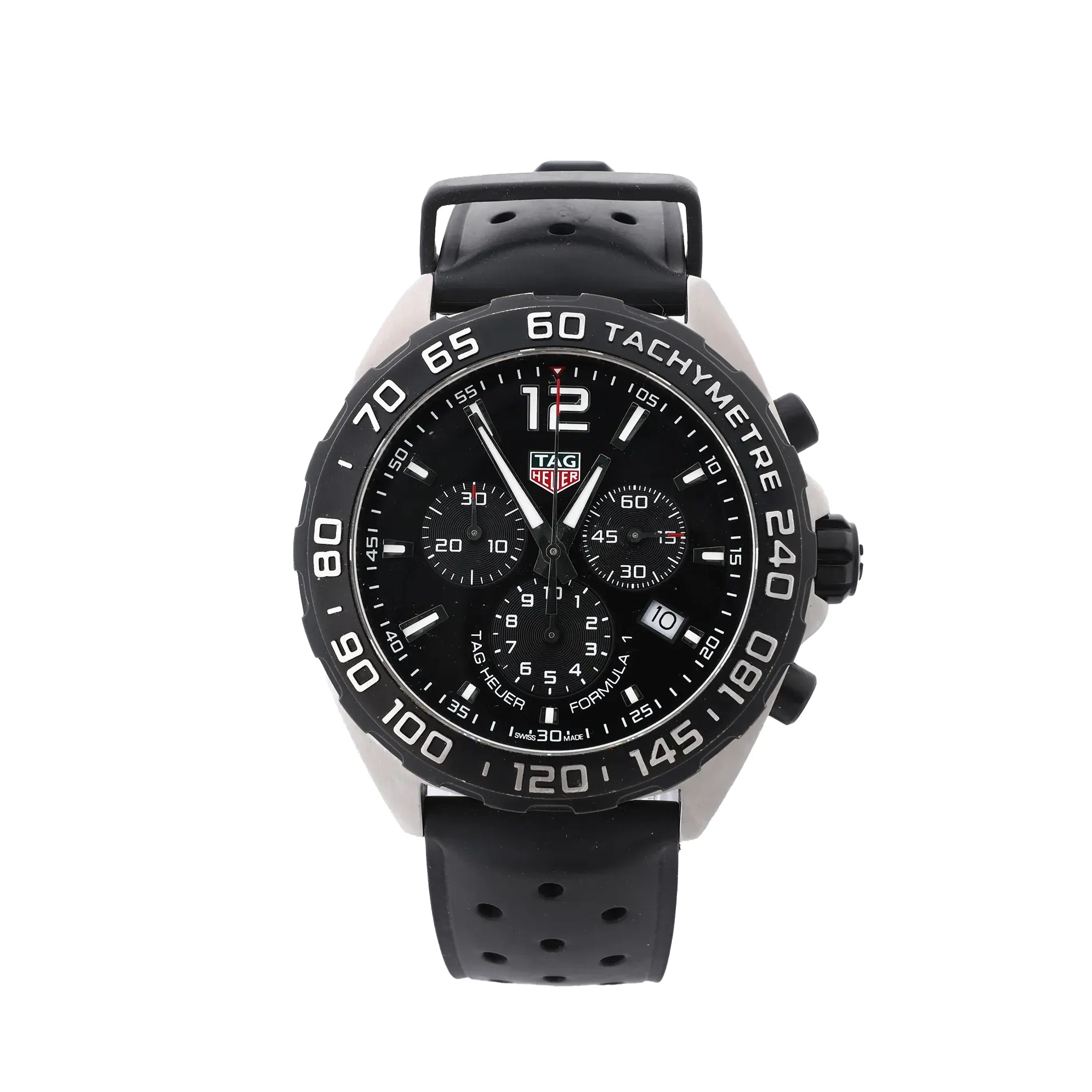 TAG Heuer Formula 1 watch with black chronograph dial, stainless steel case, black rubber strap, date window and tachymeter bezel.