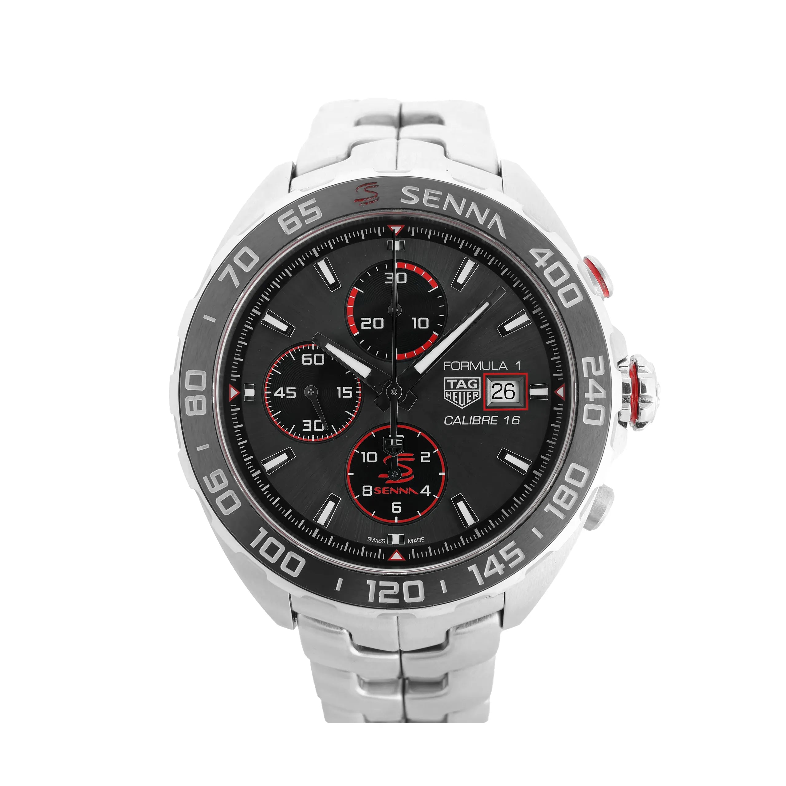 TAG Heuer Formula 1 Calibre 16 Ayrton Senna chronograph watch with gray dial, red accents, tachymeter bezel, date window, and stainless steel bracelet.