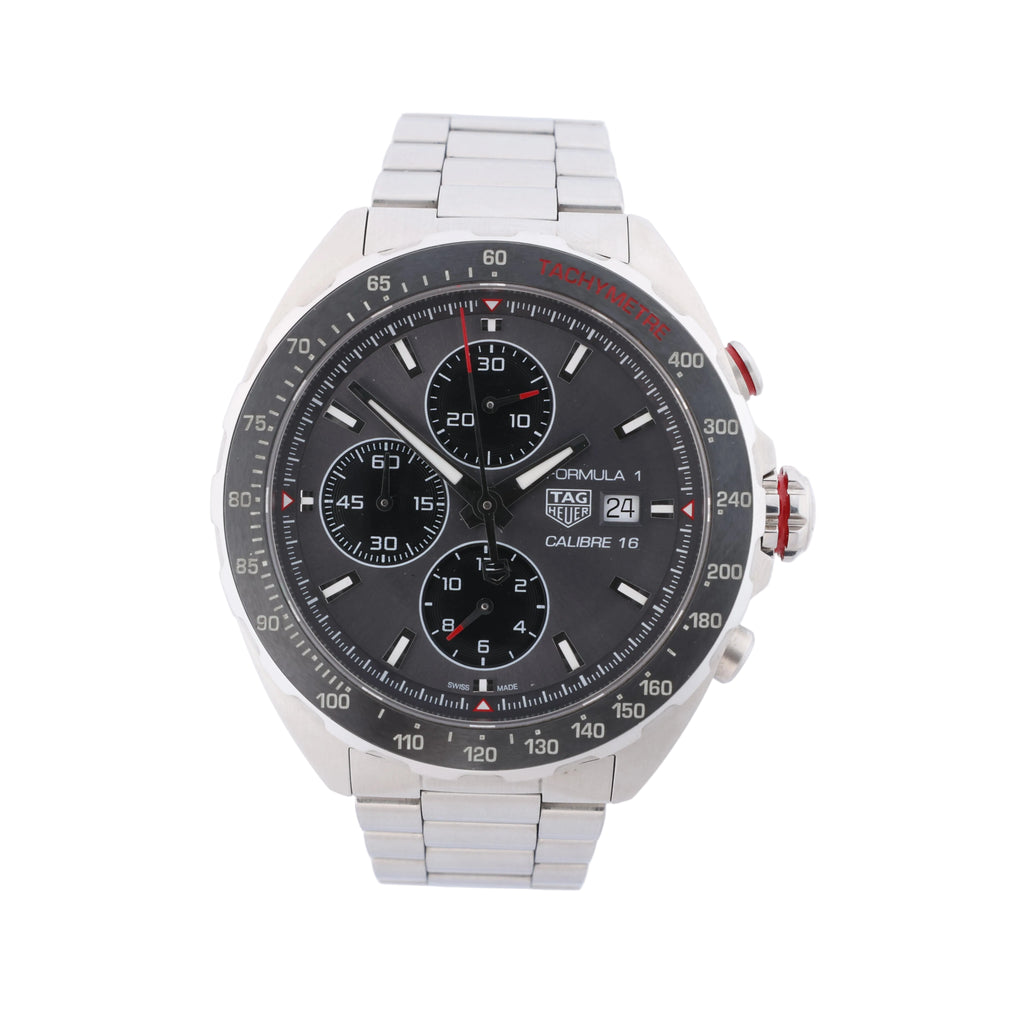 TAG Heuer Formula 1 Calibre 16 chronograph with grey dial, black tachymeter bezel, stainless steel case and bracelet, front view.