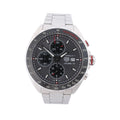 TAG Heuer Formula 1 Calibre 16 chronograph with grey dial, black tachymeter bezel, stainless steel case and bracelet, front view.