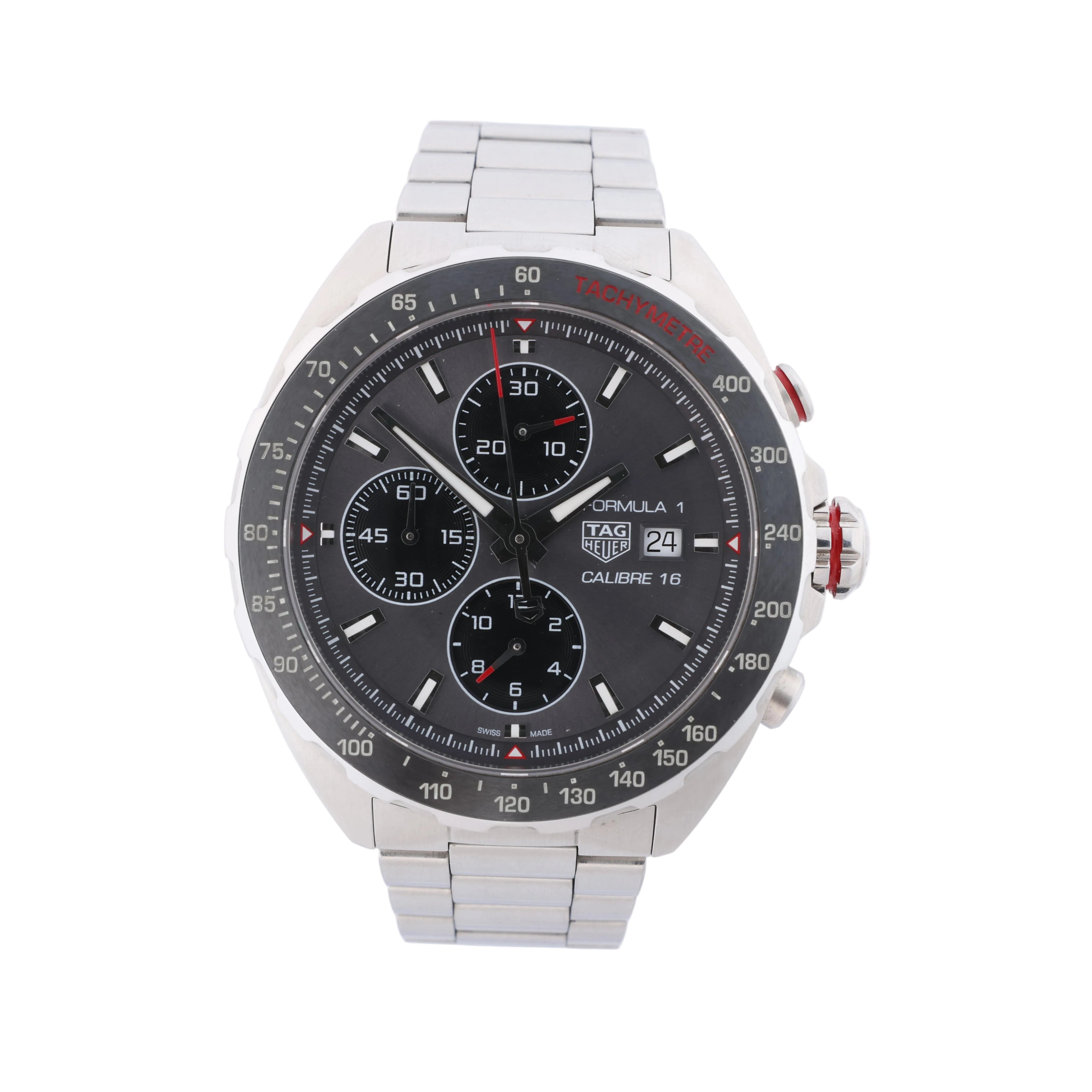 TAG Heuer Formula 1 Calibre 16 chronograph with grey dial, black tachymeter bezel, stainless steel case and bracelet, front view.
