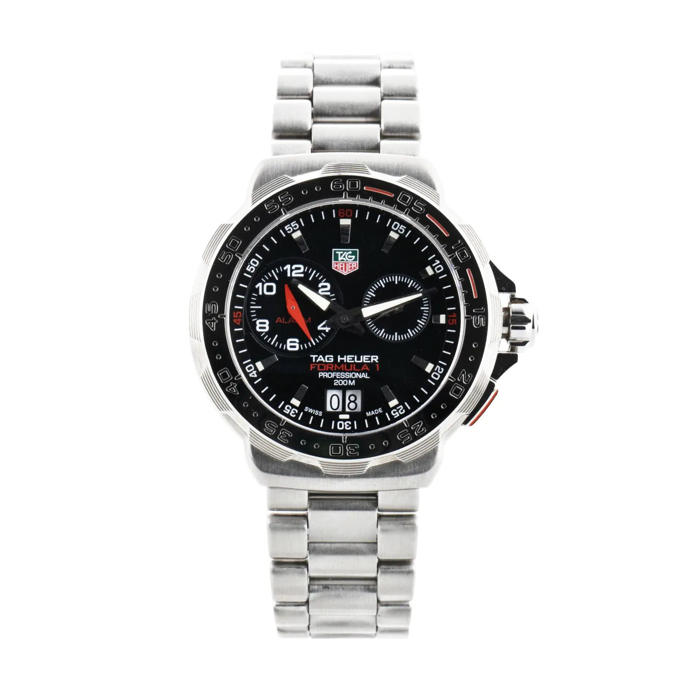 Front view of a TAG Heuer Formula 1 WAH111C watch featuring a black dial with white markers, sub-dials including an alarm function, a date window at 6 o’clock, rotating bezel, and a stainless steel bracelet with a brushed finish.