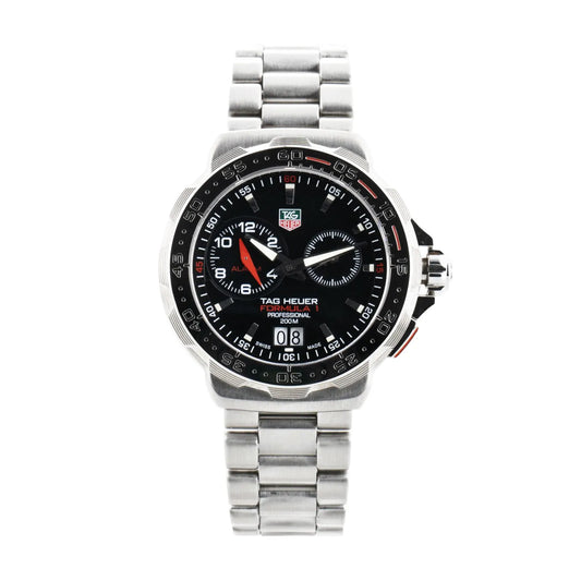 Front view of a TAG Heuer Formula 1 WAH111C watch featuring a black dial with white markers, sub-dials including an alarm function, a date window at 6 o’clock, rotating bezel, and a stainless steel bracelet with a brushed finish.