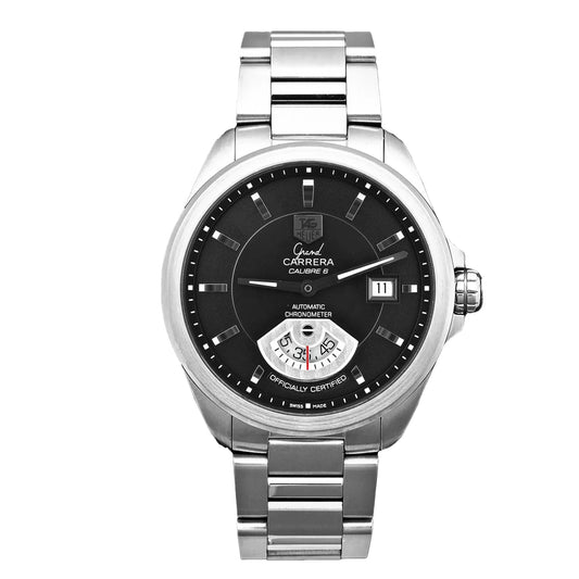 TAG Heuer Grand Carrera WAV511A.BA0900 watch with a black dial, stainless steel case and bracelet, date window at 3 o'clock, and small seconds subdial at 6 o'clock with rotating disc.