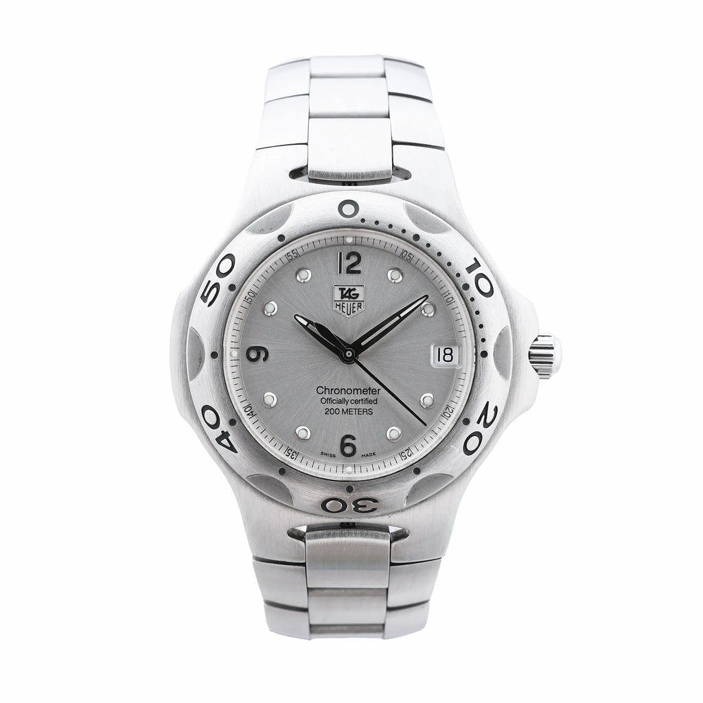 TAG Heuer Kirium stainless steel watch with silver dial, black hands, date window, numbered bezel and integrated steel bracelet.