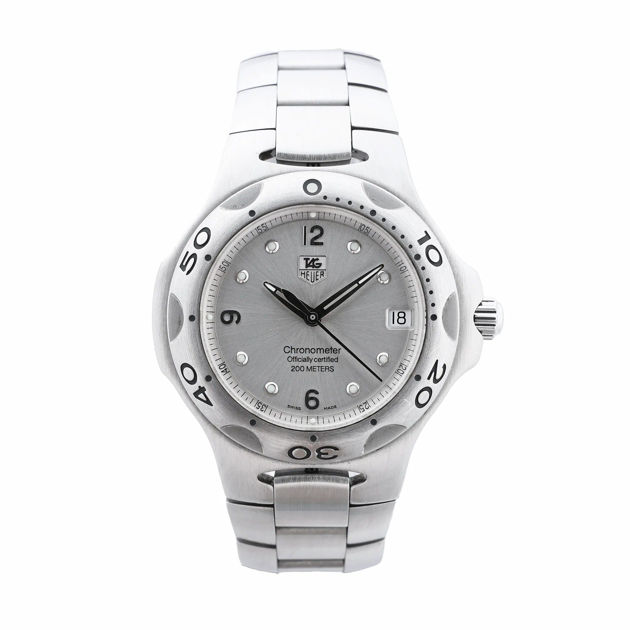 TAG Heuer Kirium stainless steel watch with silver dial, black hands, date window, numbered bezel and integrated steel bracelet.