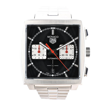 TAG Heuer Monaco Calibre Heuer 02 CBL2113.BA0644 watch with a square stainless steel case, black dial, red hands, two white sub-dials, and metal bracelet.