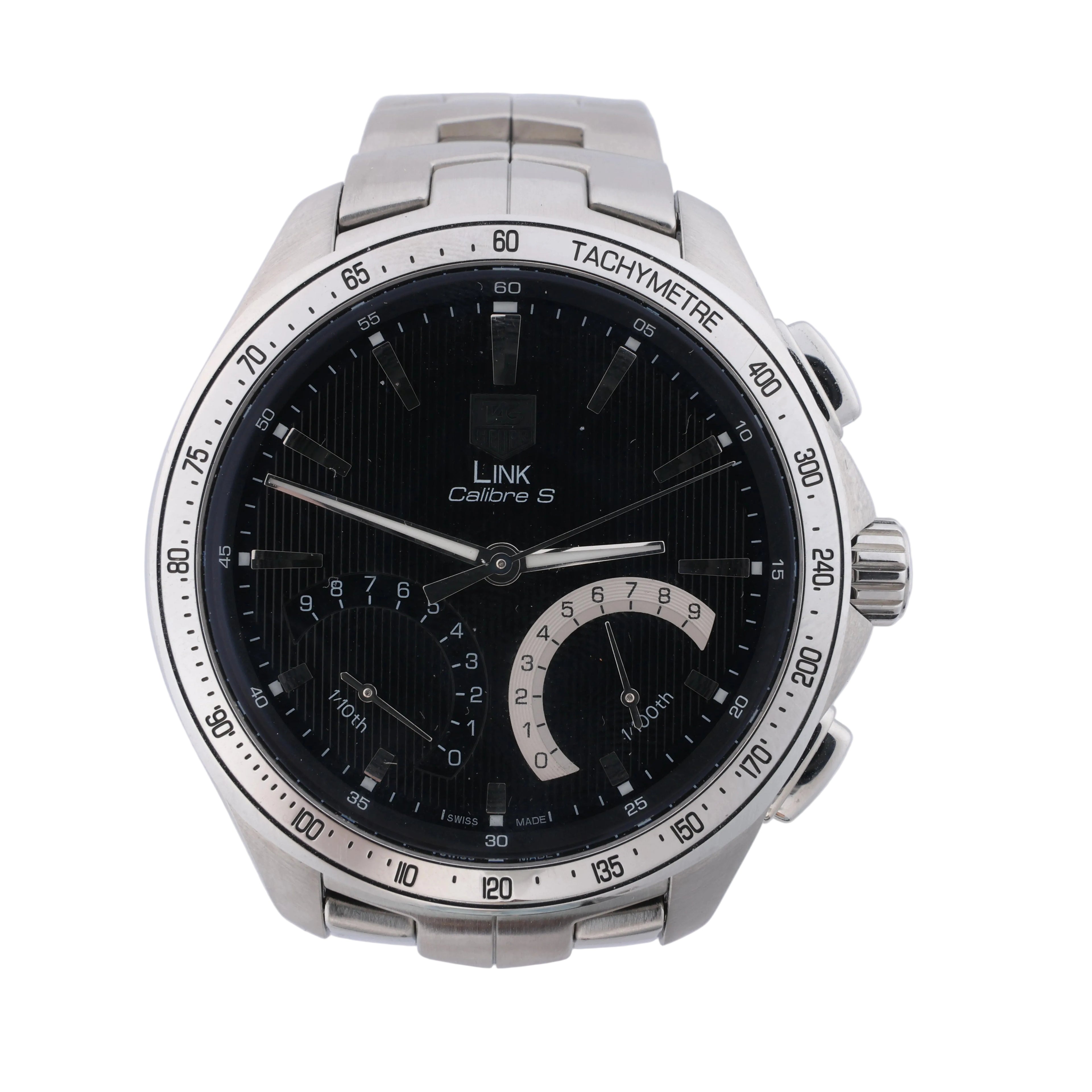 TAG Heuer Link stainless steel watch with black dial, silver tachymeter bezel and integrated metal bracelet.