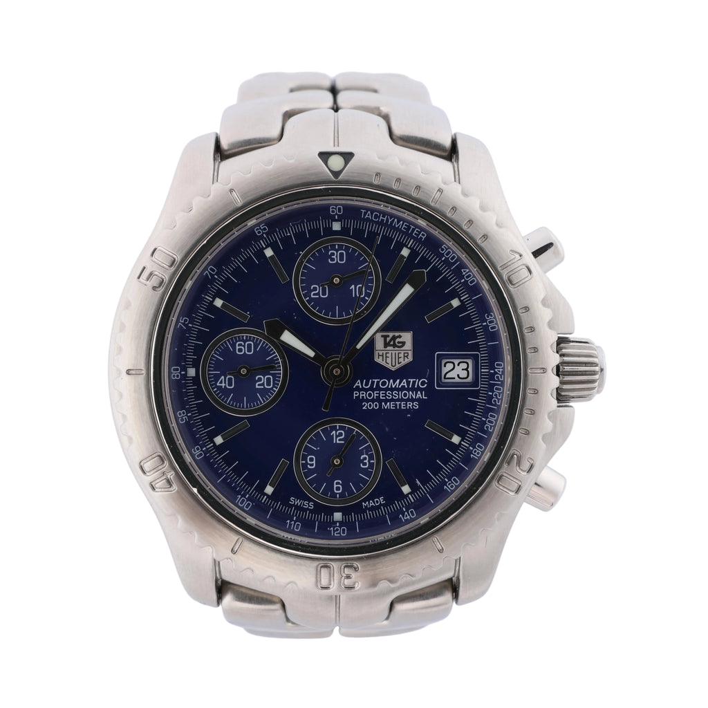 TAG Heuer Link CT2110.BA0550 automatic chronograph with blue dial, three subdials, date window and stainless steel bracelet.