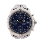 TAG Heuer Link CT2110.BA0550 automatic chronograph with blue dial, three subdials, date window and stainless steel bracelet.