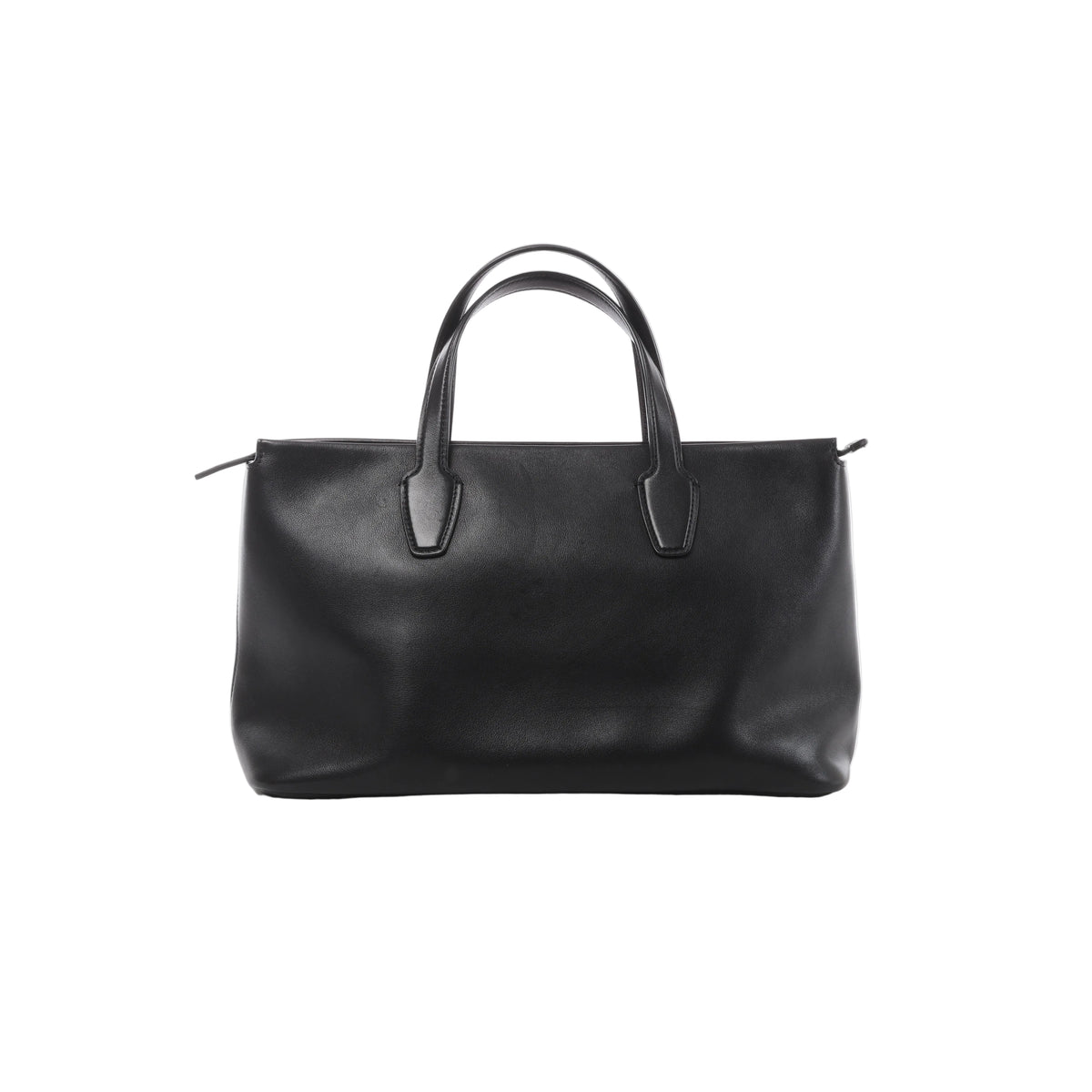 Black The Row Marcel leather bag with smooth finish, elongated double handles, softly structured rectangular shape and minimal detailing.